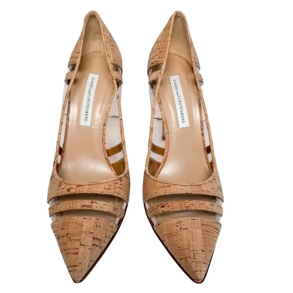 DVF Becca Too Cork Pointed Toe Pumps Clear Panel Heels 7